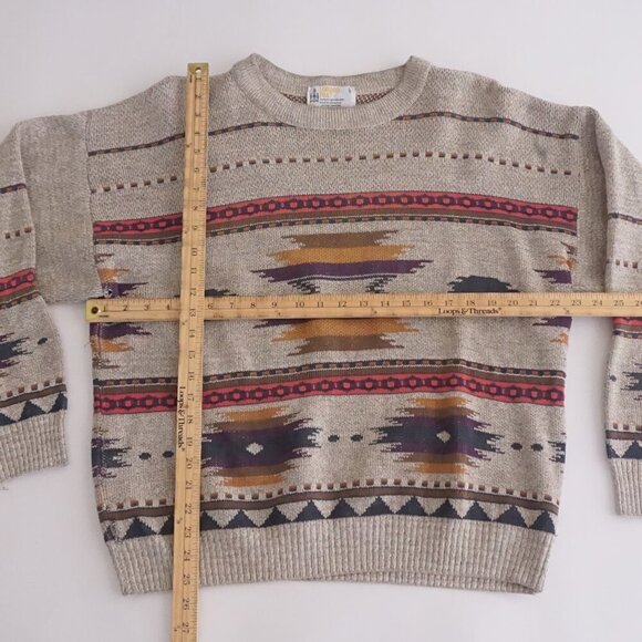 Vintage '90s London Fog Taupe Purple Aztec Cotton Crewneck Knit Sweater Large - Picture 3 of 10